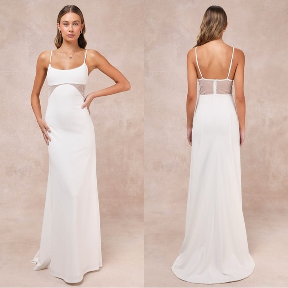 NWOT‎ Lulus Euphoric Eloquence White Sheer Mesh Pearl Sleeveless Maxi Dress - Picture 1 of 9